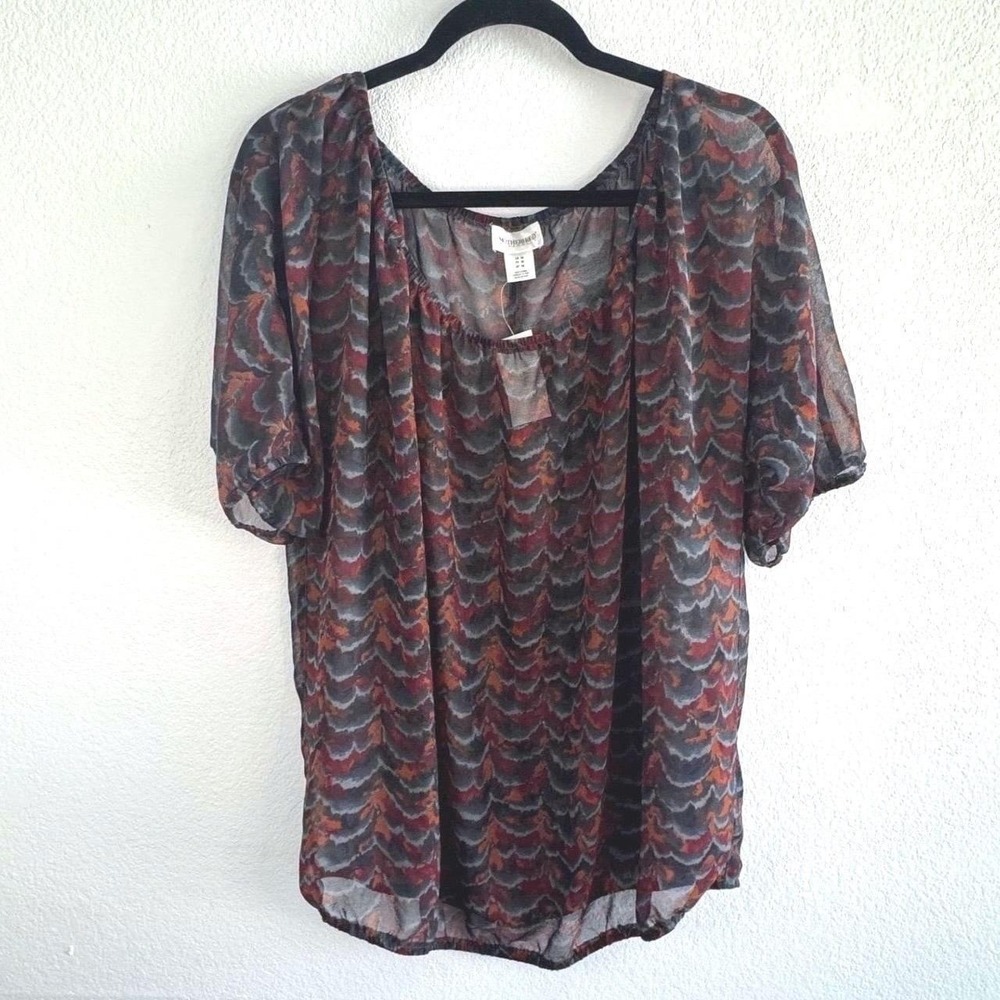 New Motherhood Maternity Sheer Chiffon Abstract Wave Print Blouse Grey Size M